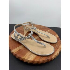 Kate Spade T-Strap Bow Sandals Women 10M Silver Glitter Snakeskin Flat Shoes